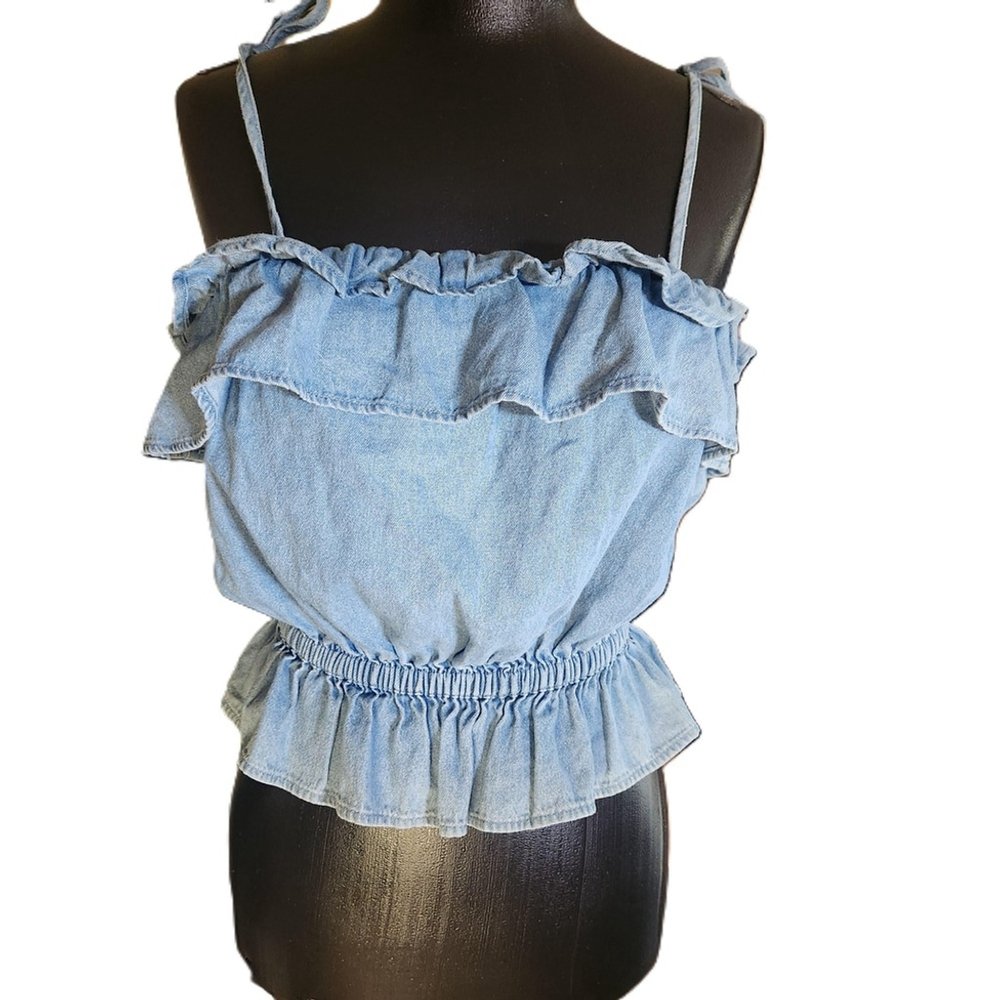 American Eagle Womens Blue Ruffled Denim Sleeveless Crop Top Shirt Extra Small - Picture 2 of 8